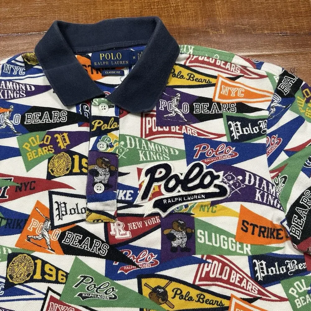 Ralph Lauren Pennant Flag Polo Shirt Mens M All Over Print AOP Baseball Bear